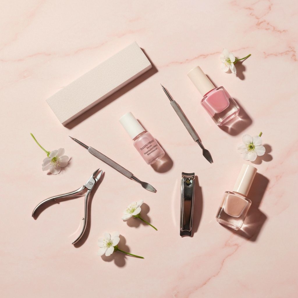 Manicure tools including nail files, buffer, and polish bottles arranged on a marble surface