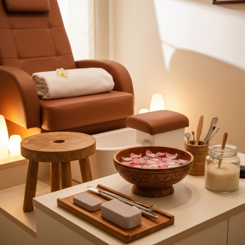 Pedicure spa setup with a wooden soak bowl, rose petals, pumice stone, and polish bottles