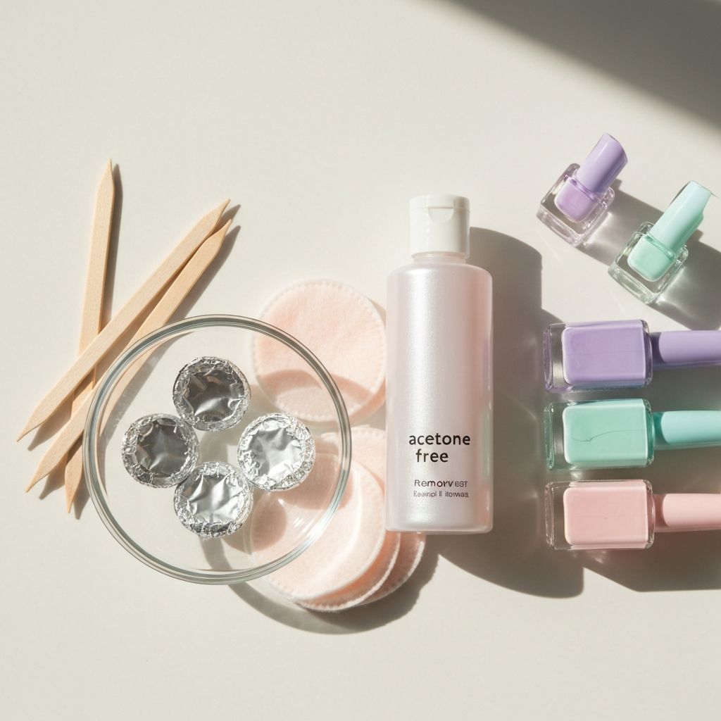 Nail polish removal setup with foil wraps, cotton pads, and remover bottle on a blush background